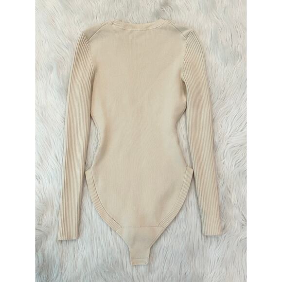 COS Ribbed Long Sleeve Bodysuit Seamless Rib Knit Fitted Top Beige Sweater - Picture 10 of 14